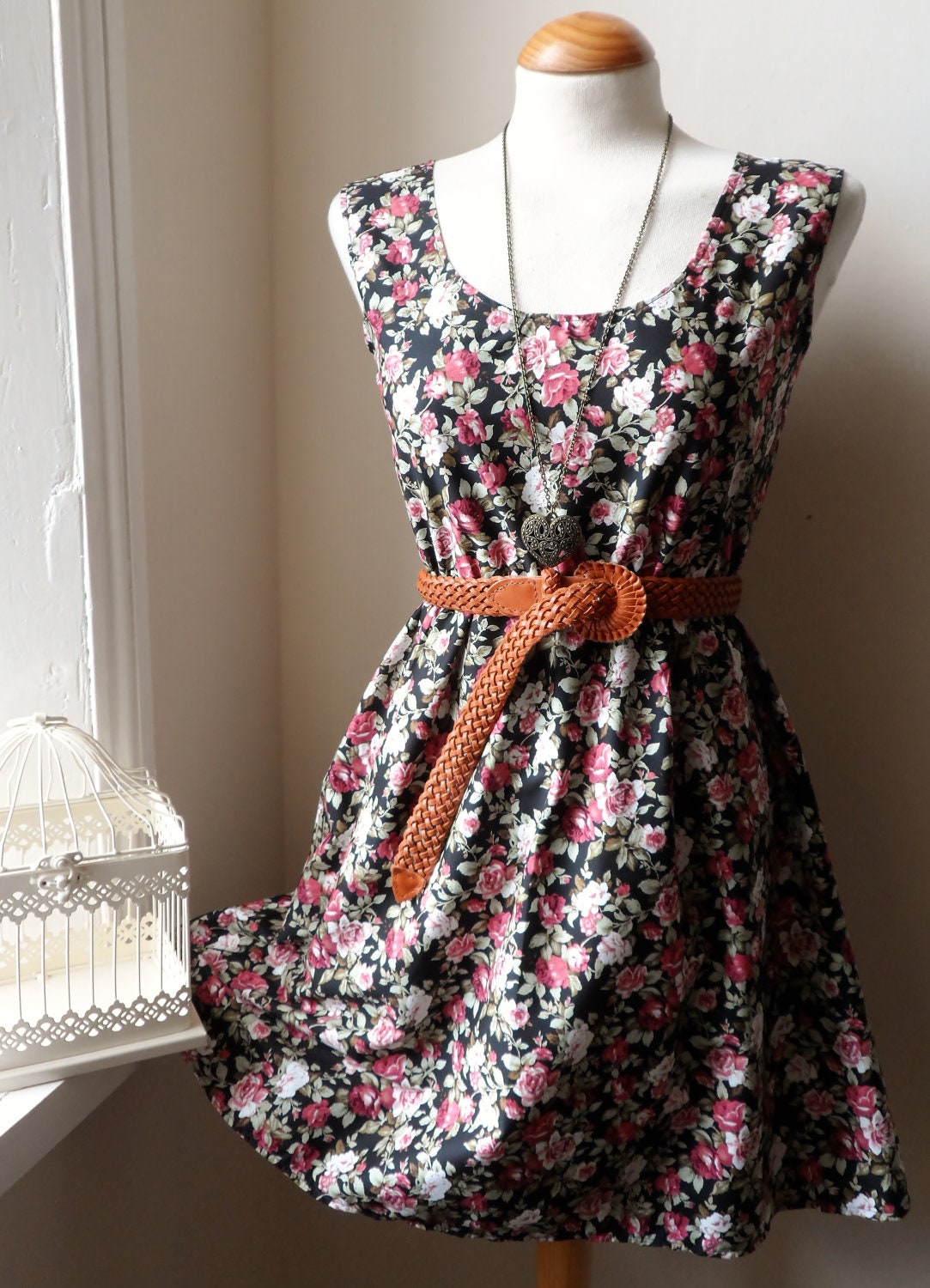 Black Floral BoHo Dress English Wild Rose Floral Quaint Dress S