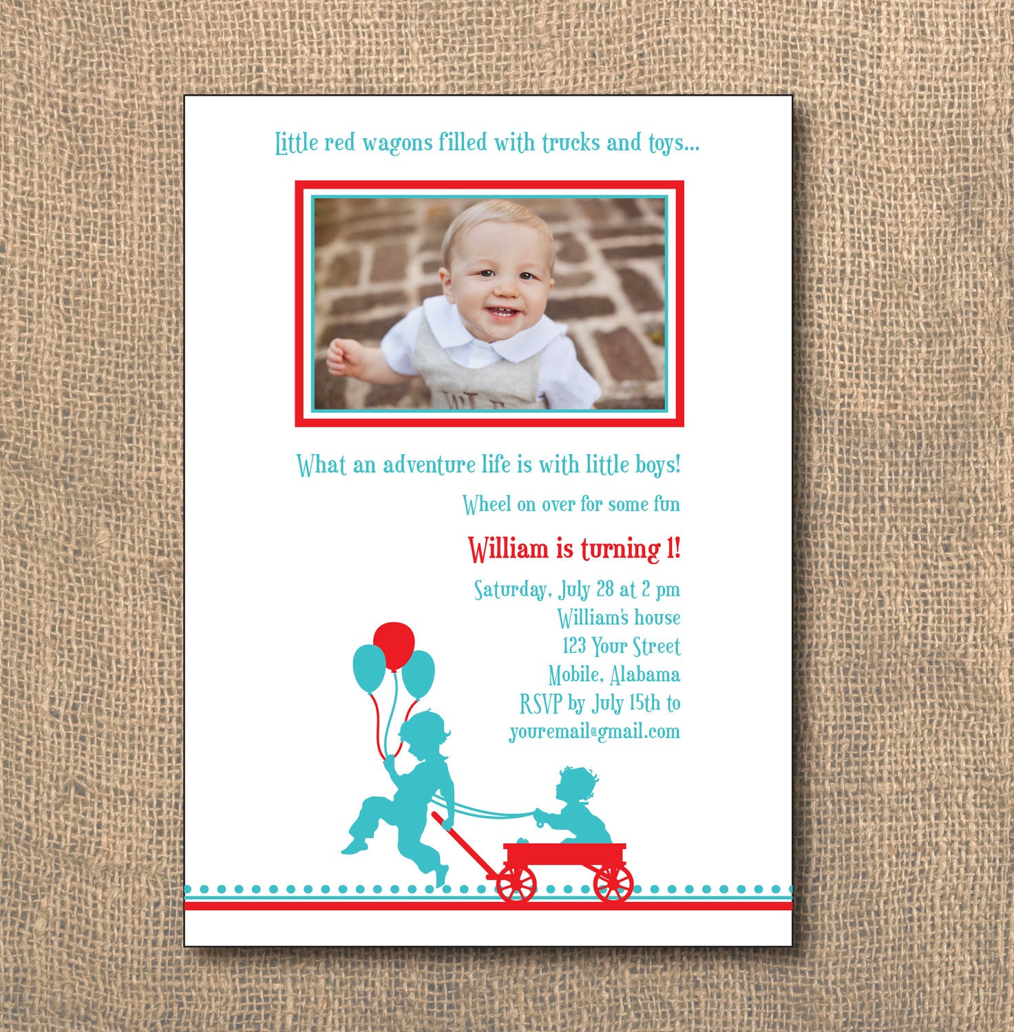 PRINTABLE - 5x7 Red Wagon Pull Birthday Invitation