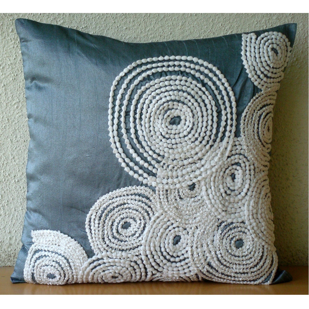 Throw Pillow Covers Accent Pillow Decorative Pillow Couch Sofa Pillow 16x16 Inches Blue Silk Pillow Embroidered Lace Embroidery Snow Centric