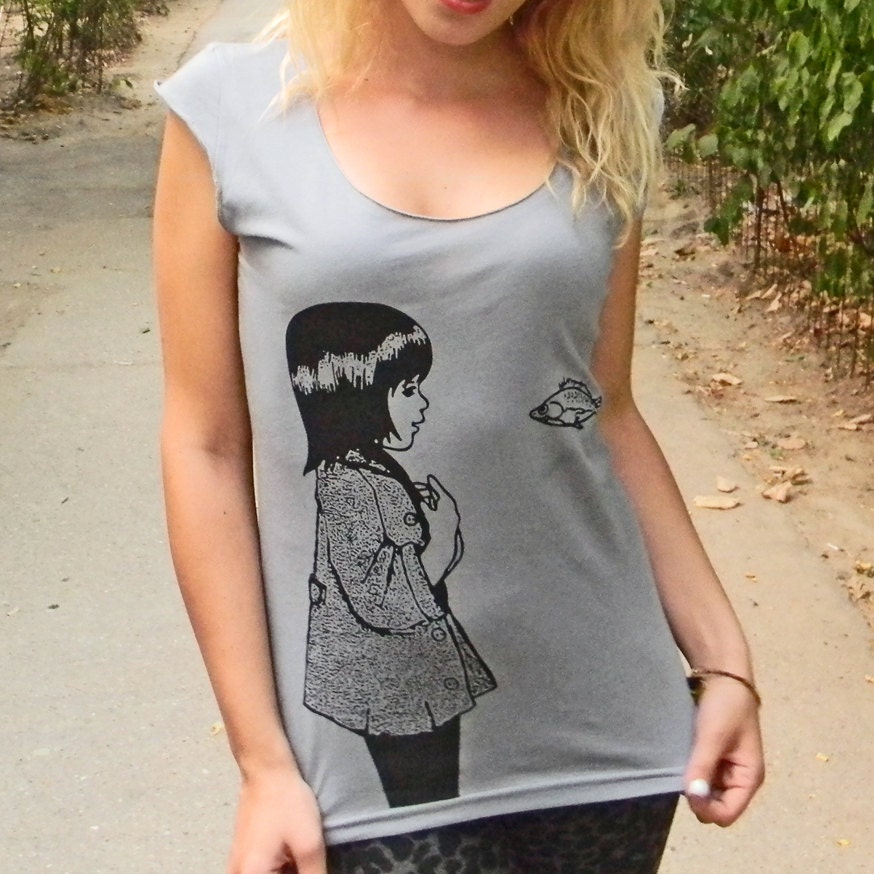 Underwater Kate tshirt - black ink screenprint on slate grey sheer cotton scoop neck - womens sizes S, M, L, XL