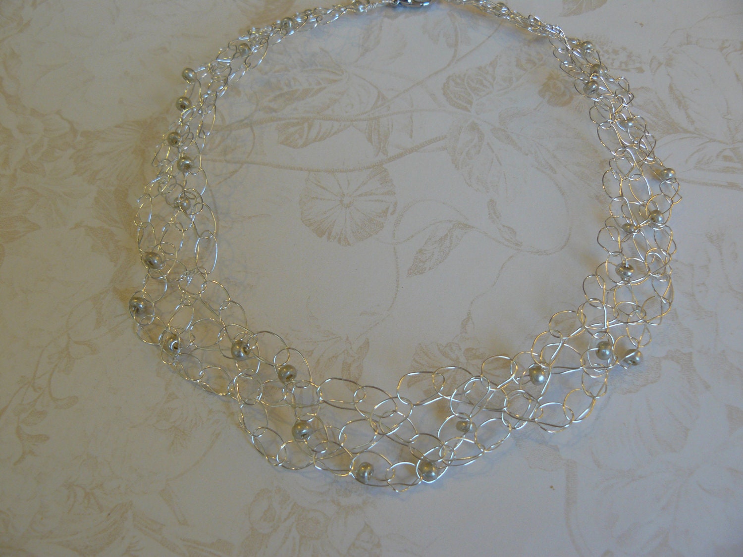 Silver Wire Crocheted Necklace with Matte Silver Seed Pearls