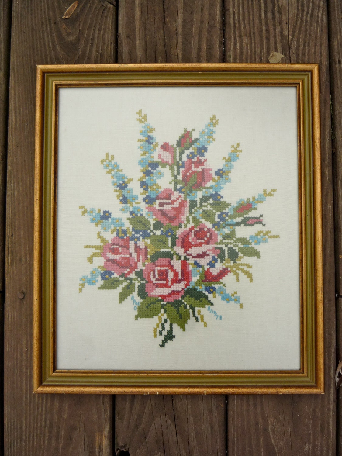Vintage 1978 NeedlePoint Cross Stitch Roses in Frame