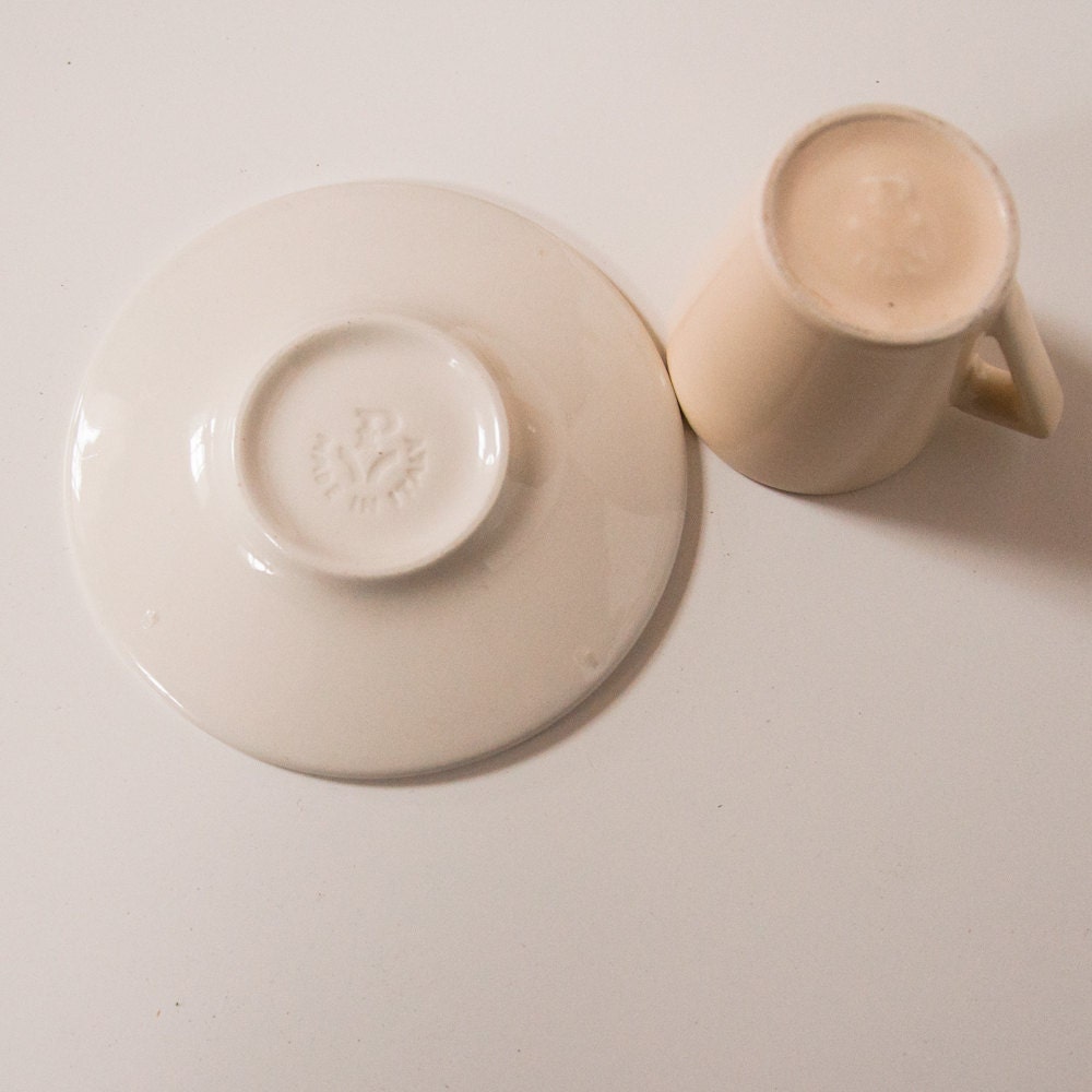 Vintage Orange and Cream Modern Geometric Espresso Cups and Saucers Made In Italy