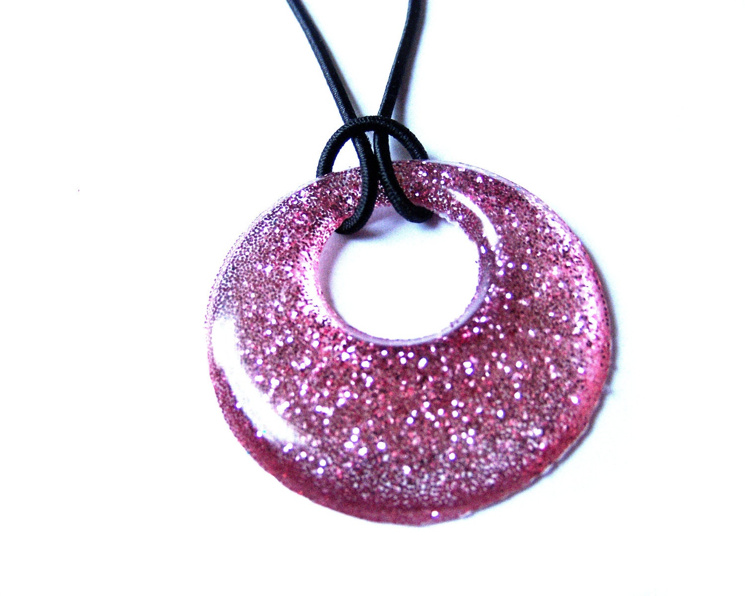 Rose Pink Circle Pendant, Glitter Necklace on Black Cord