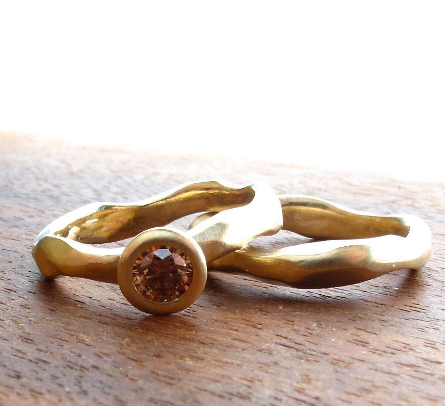 Rough Hewn Wedding Set 14kt yellow gold with a .30ct natural cognac diamond
