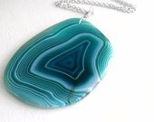Large Agate Pendant, Teal Stone Jewelry, Blue Green Slice