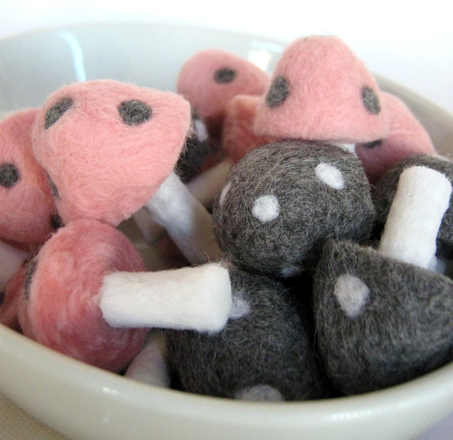 ON SALE - 10  Pink and Grey Wool Felted Toadstools - Home decor Display- was 26 dollars now 19 dollars