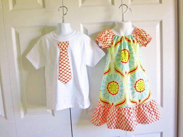 Brother Sister Matching Outfits - Girls Peasant Dress Boys Tie Onesie or Tie Tshirt - Pop Daisy Red - Pop Garden collection