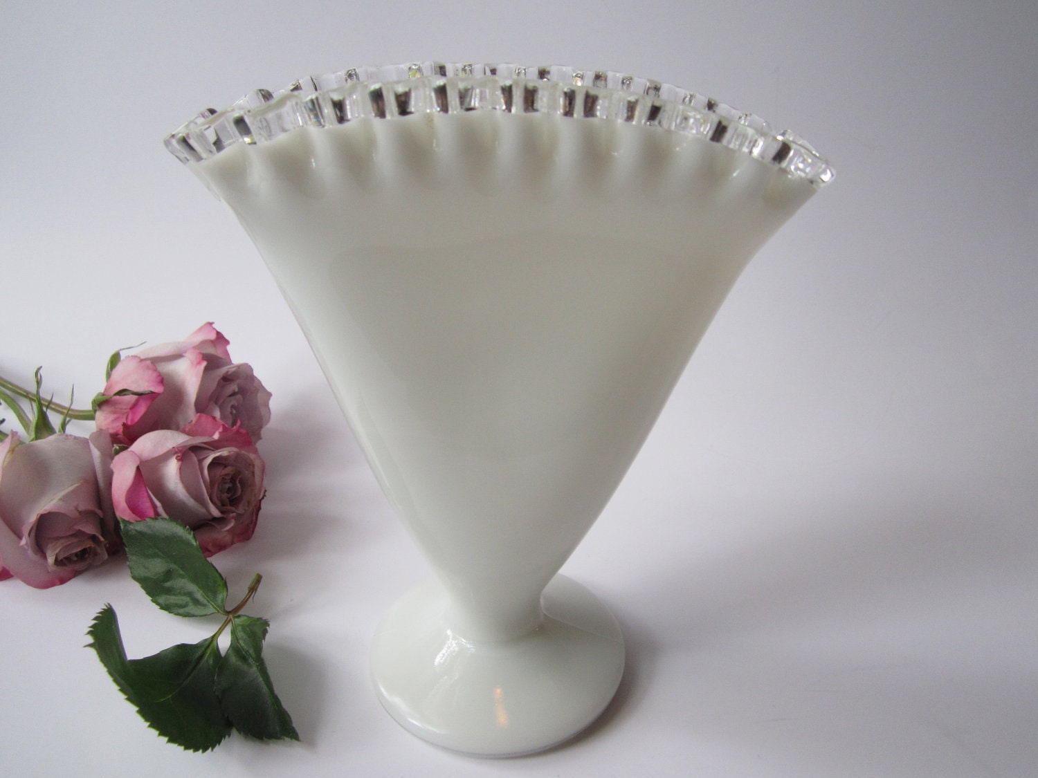 Vintage Fenton Milk Glass Silver Crest Fan Vase