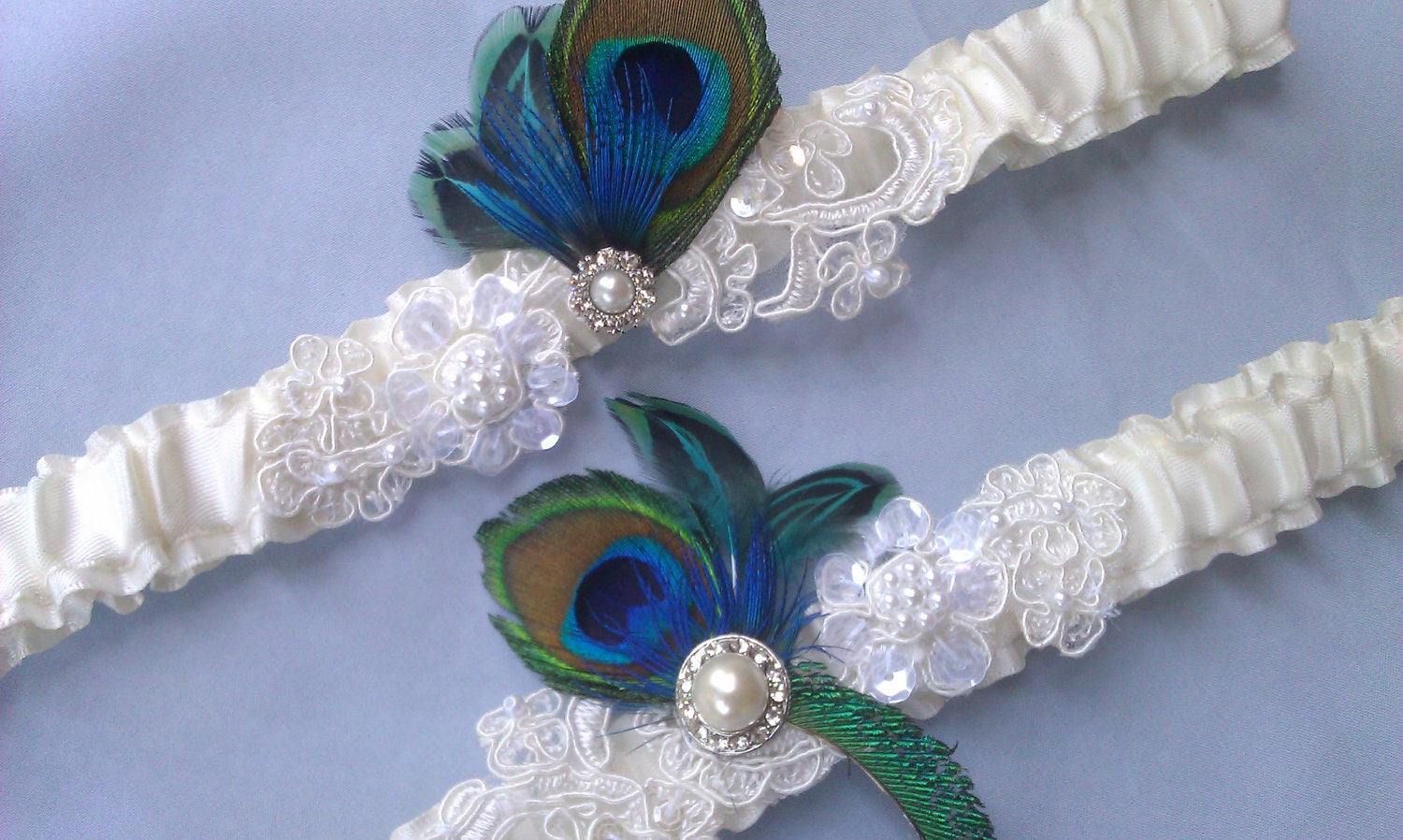 Ivory Beaded Lace Peacock Feather Pearl Rhinestone Accented Bridal Wedding Garter Set