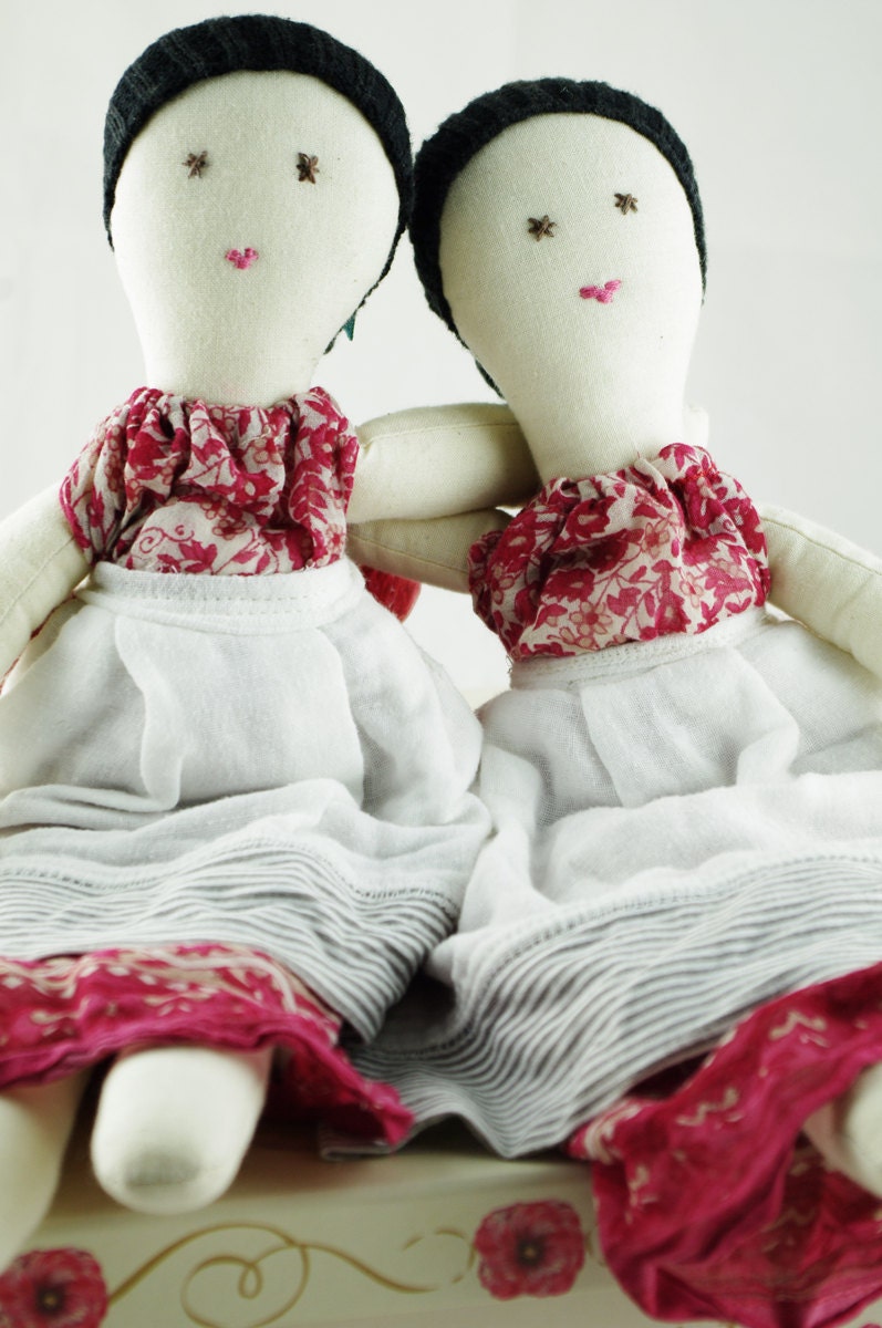 Sisters, Twin Girls, Matching Rag Dolls, Vegan Friendly, Vintage Upcycled Fabrics, 14 inches, OOAK, Made in Australia