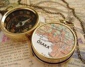 Compass Map Necklace - Osaka Japan Map, custom choose your city map - personalized gifts anniversary men pocket chain keychain