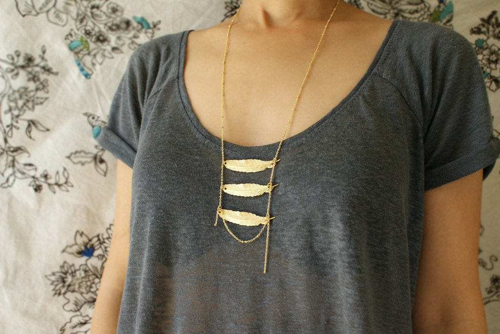 layered feather necklace -three metallic feather necklace satellite chain boho layered feather necklace - soradesigns