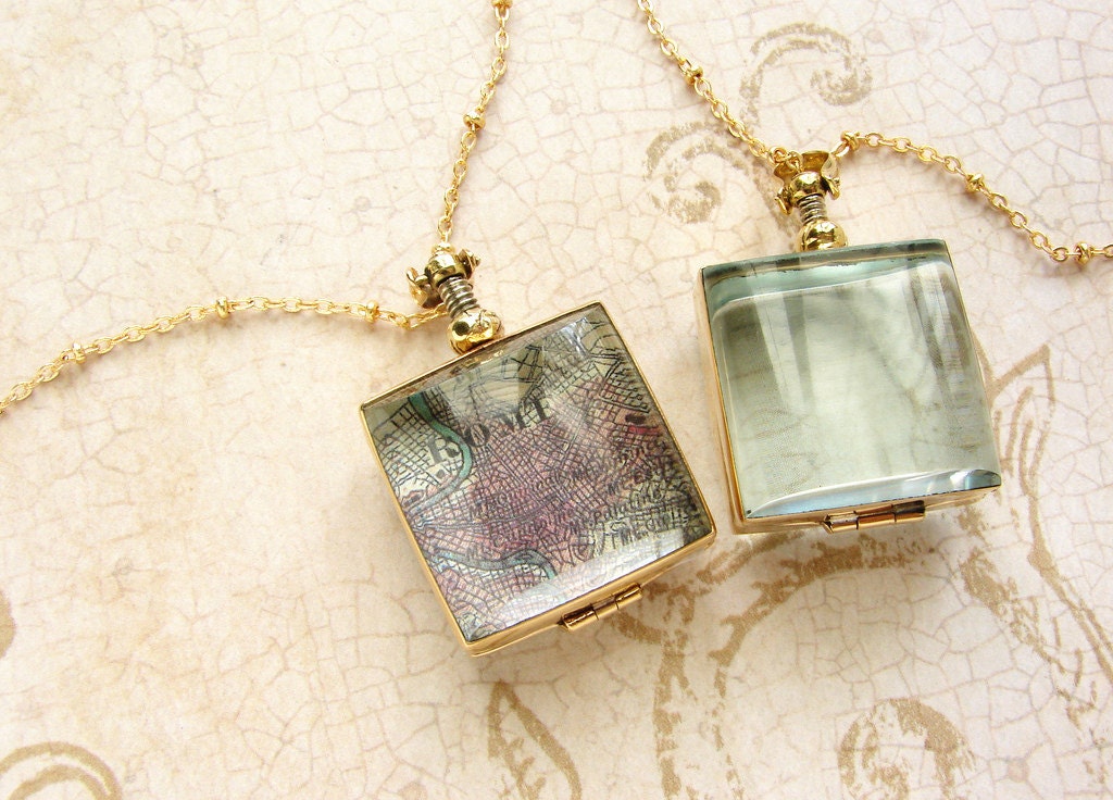Square beveled glass locket long necklace - brass gold tone square heirloom glass locket necklace bridal wedding locket