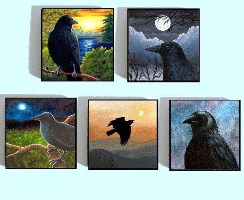 Fridge Magnets set of 5, Birds Crow Raven 3 from art paintings Wood tile 1x1 by L.Dumas