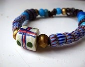 African Trade Bead Bracelet - Tribal, Native Chevrons - Dark Brown Leather - Copper, Indigo Blue, Yellow - Unisex - Gift Box