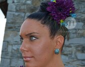 Peacock Feather Wedding Headpiece and Hair Clip - Purple & Turquoise Gerbera Daisies