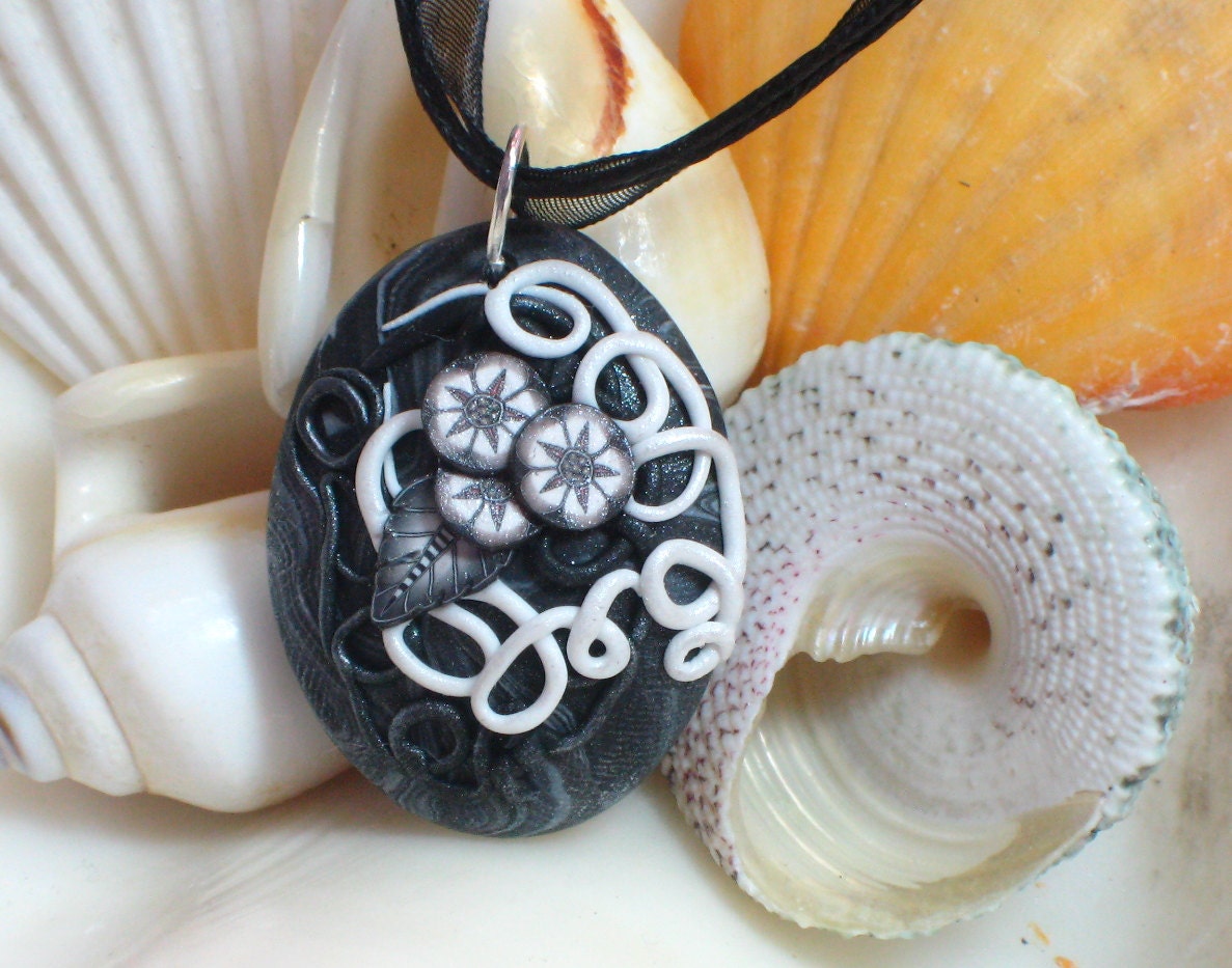 Swirls and Squiggles Black and White Oval Necklace Polymer