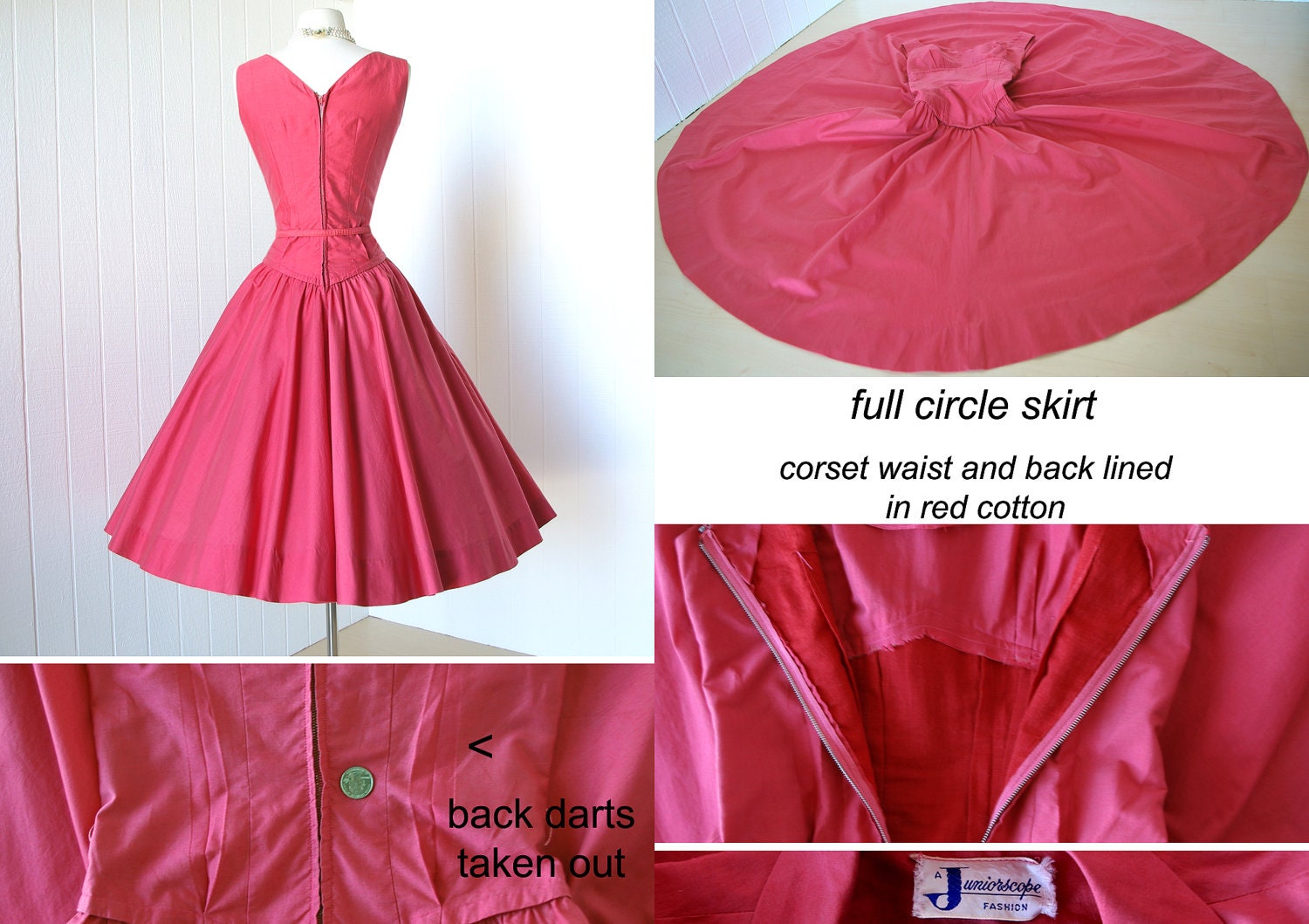 SALE 25 percent off with code vintage 1950's dress ...beautiful CORAL RED cotton shelf-bust full circle skirt pin-up dress & bolero jkt