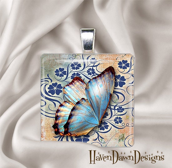 Blue Butterfly Flying Glass Tile Pendant