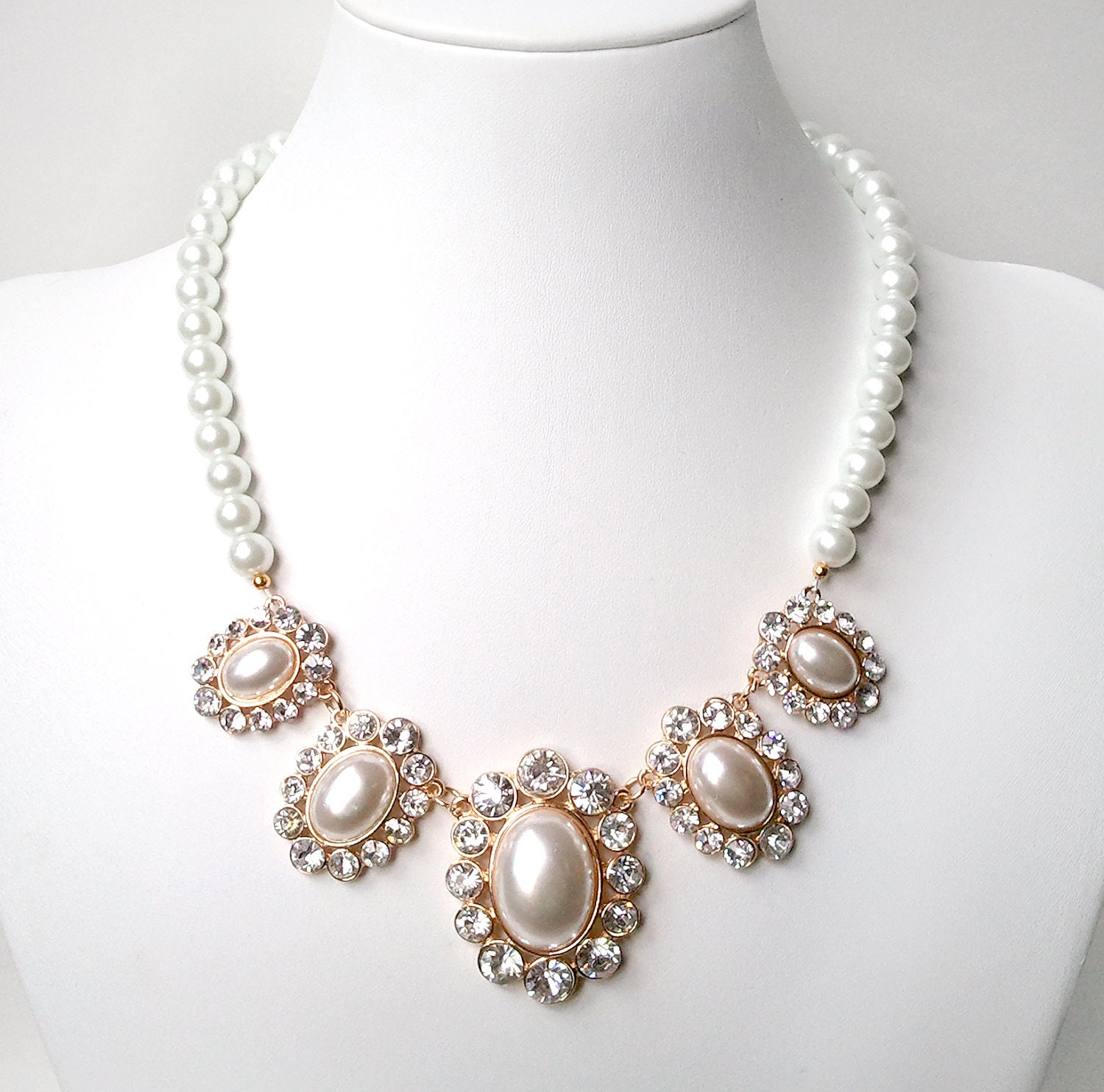 Pearl and Rhinestone Statement Necklace - Ivory or White Pearl - Vintage Style - Gold Statement Bridal Necklace