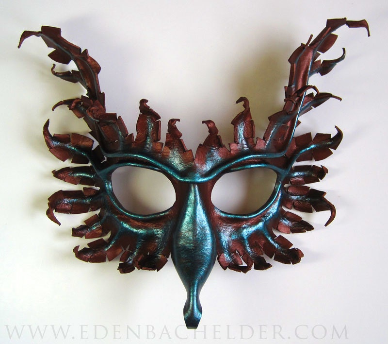 Griffin leather mask, hand-painted in antique copper and oxidized metallic blue-green, gryphon