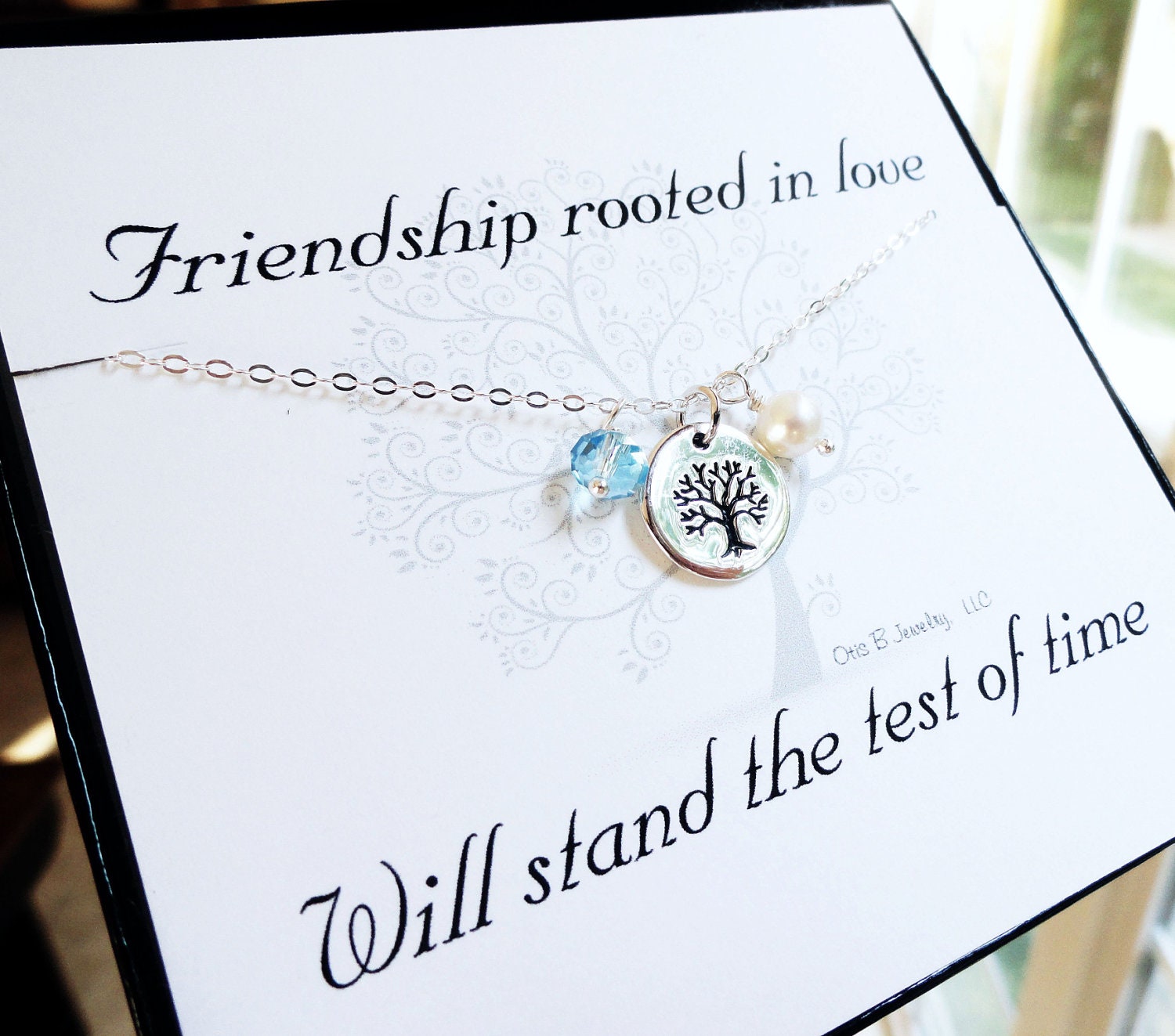 Sterling silver Friendship necklace & message card, best friends birthstone necklace, tree of life, bridesmaid gifts, silver tree necklace