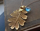 LARGE Gold leaf necklace & custom birthstone necklace, Gold fill, Oak leaf necklace, Blue Topaz Necklace, December birthstone