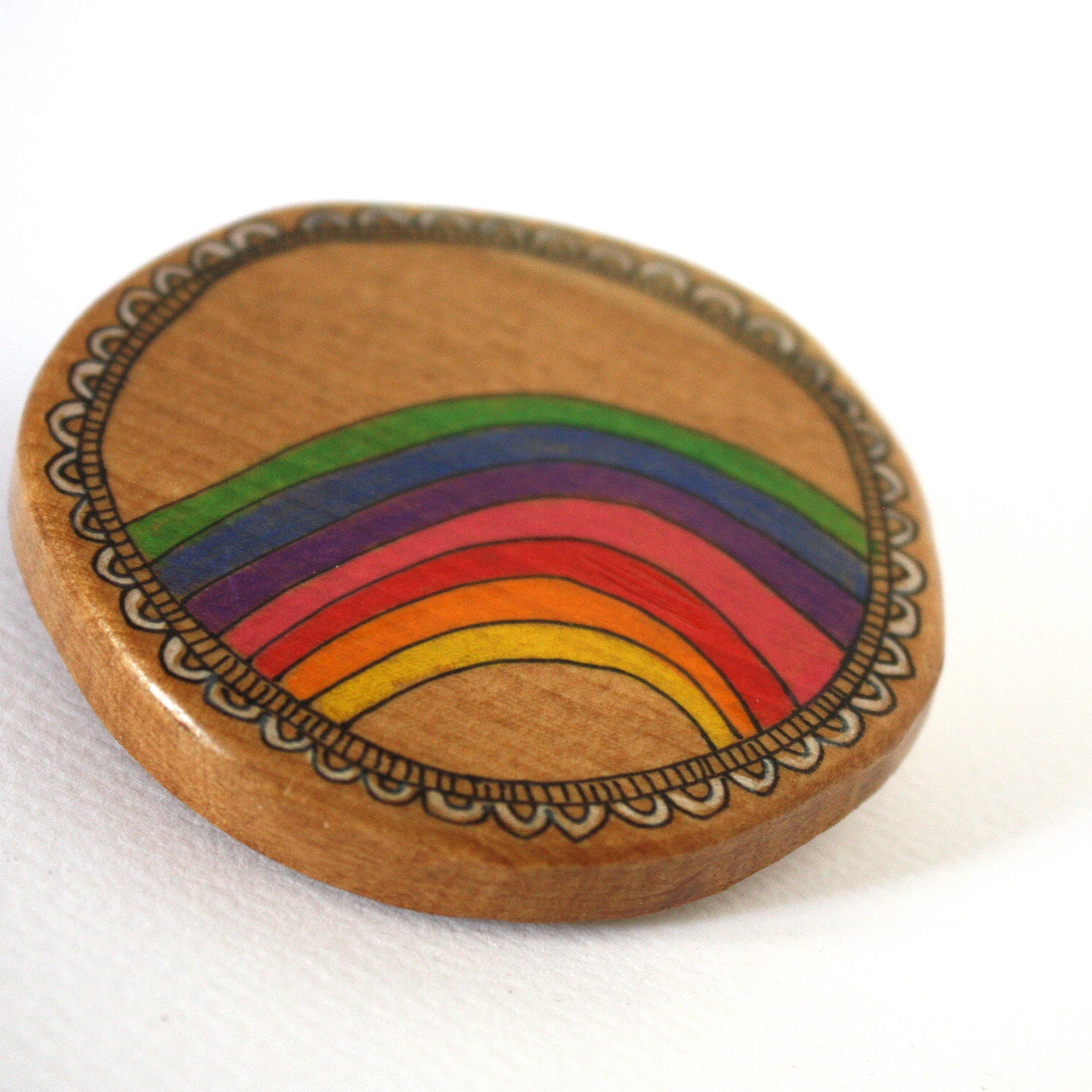 Illustrated Rainbow Wood Brooch - Repurposed Timber Wood Eco - Handcrafted