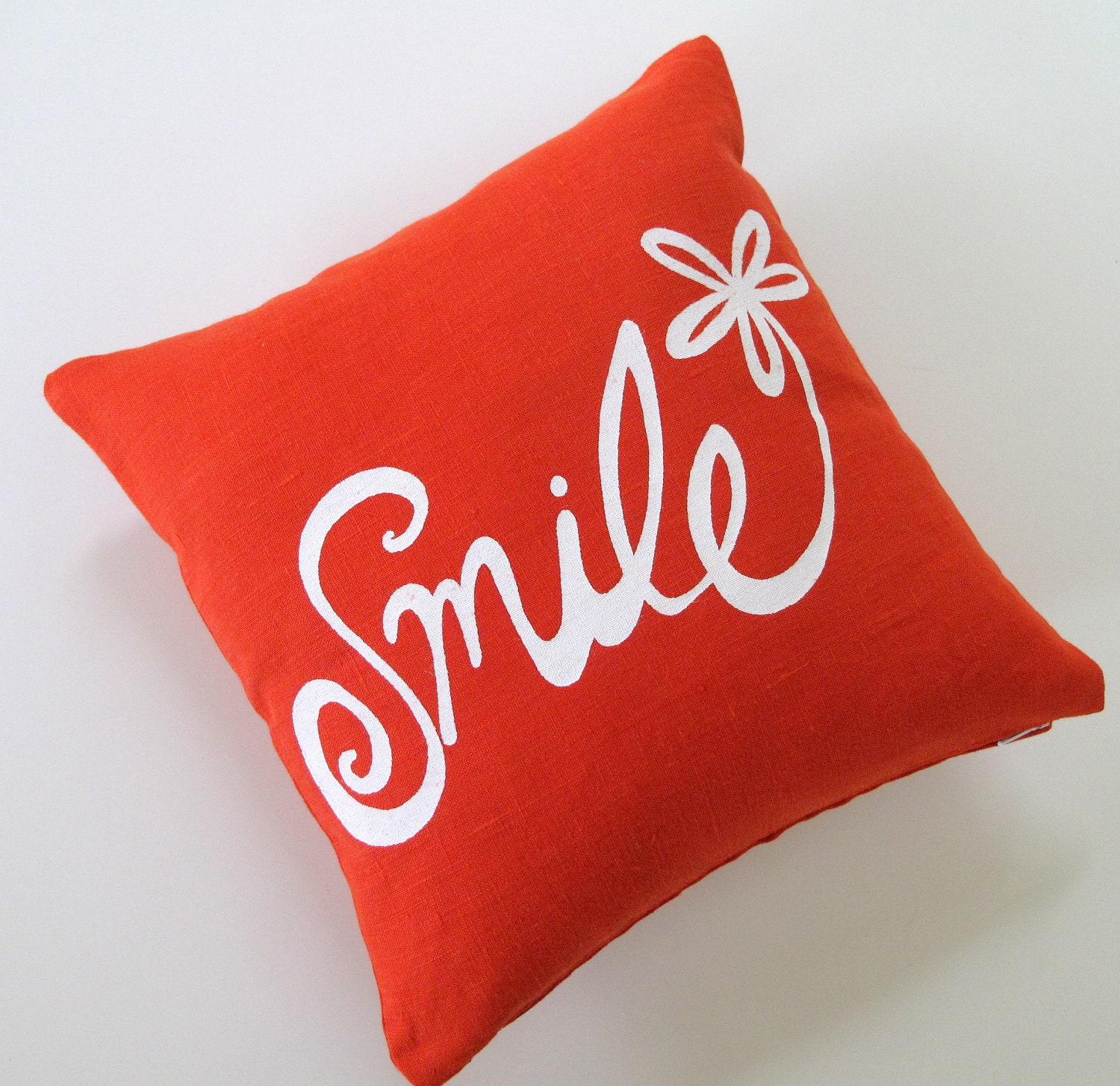 Pillow Cover Cushion Cover White Smile Flower on Orange Linen  - 12 x 12 inches