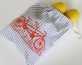 Drawstring Bag, Produce Bag, All Purpose Striped Cotton Bag with Tandem Bicycle in Orange