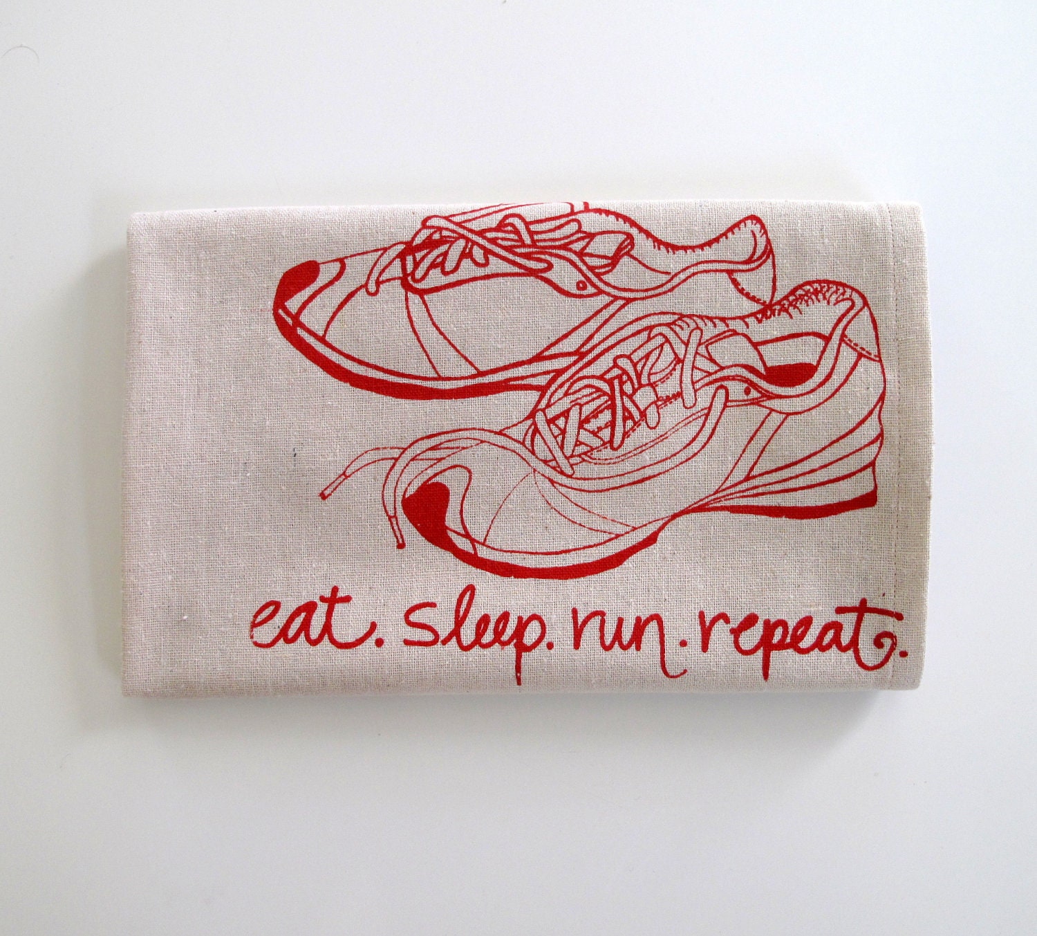 Running Shoes - Cotton Kitchen Towel Tea Towel -  Eat. Sleep. Run. Repeat. in Red Ink