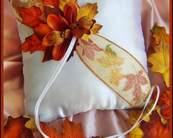 Wedding pillows, fall leaves ring pillow, burnt orange orchids, autumn weddings ceremony accessories