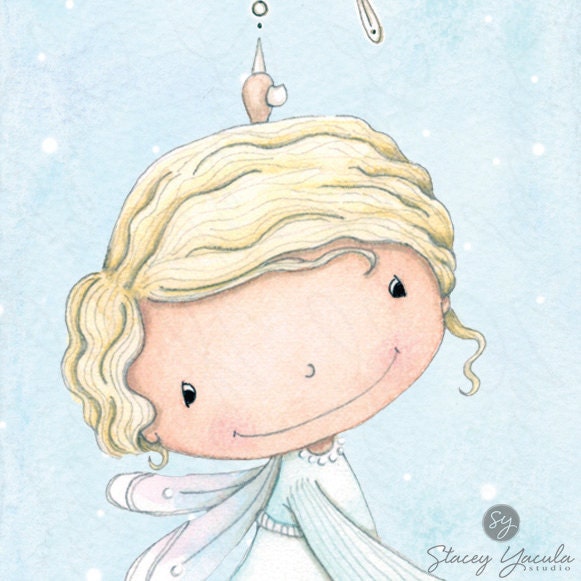 Art Print, Angel, Snowflake, Bell, Blue, White, Winter, Illustration