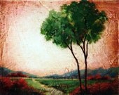Tree landscape original oil painting on wood panel sunburst sun setting landscape river landscape red bushes mountains