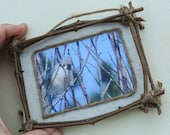 Mini Small Rustic Frame Folk art Twig Branches Christmas Ornament Primitive Photograph Mixed Media Bird