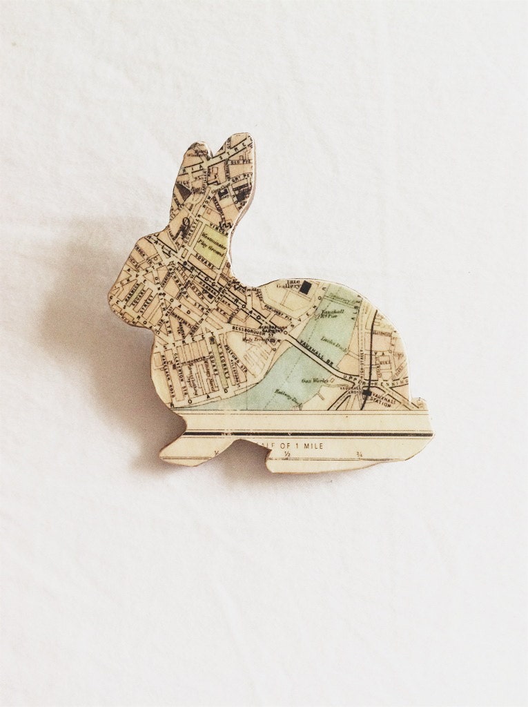 Recycled London Map  Bunny Brooch