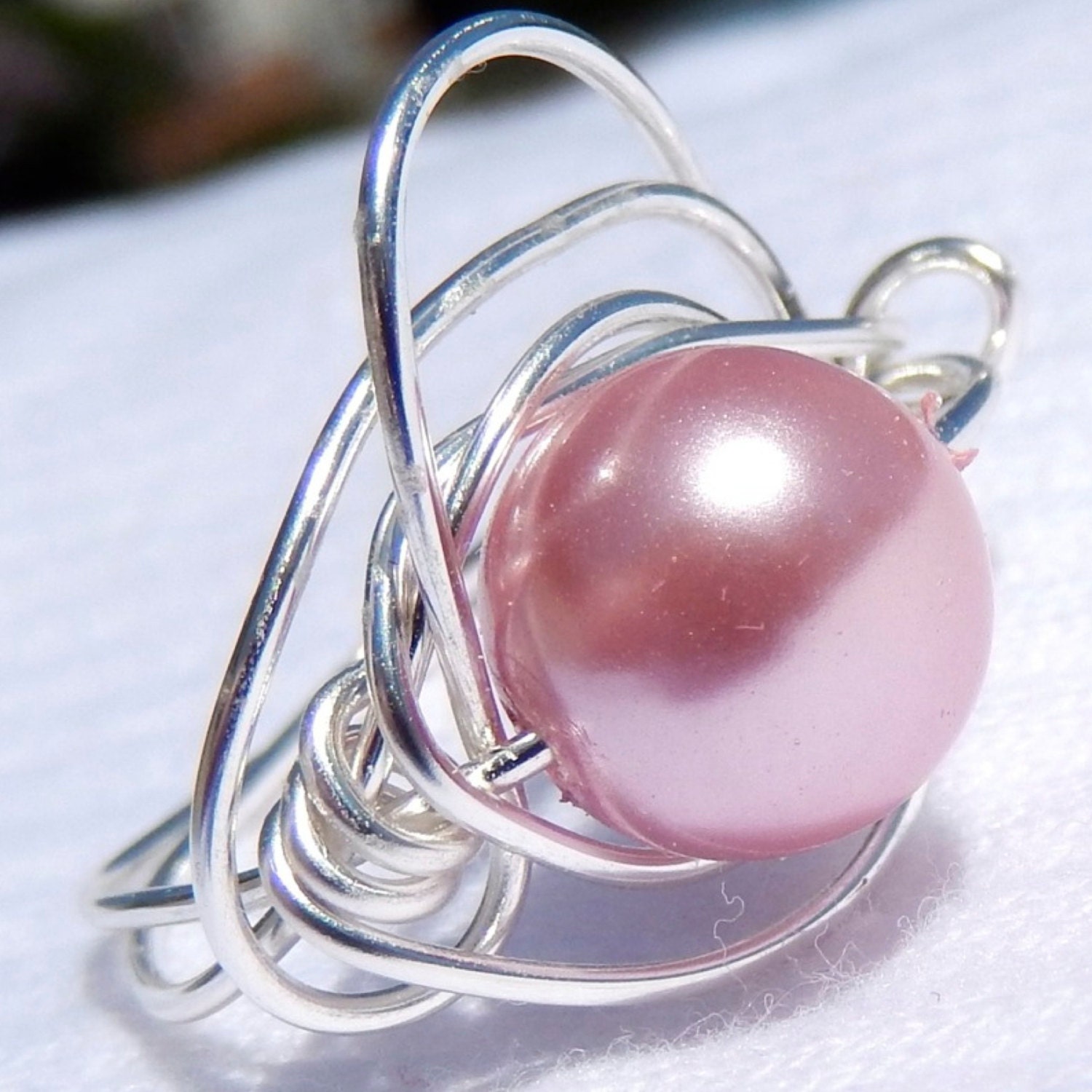 ERIN. warm pink glass pearl and silver wire wrapped ring. size 8