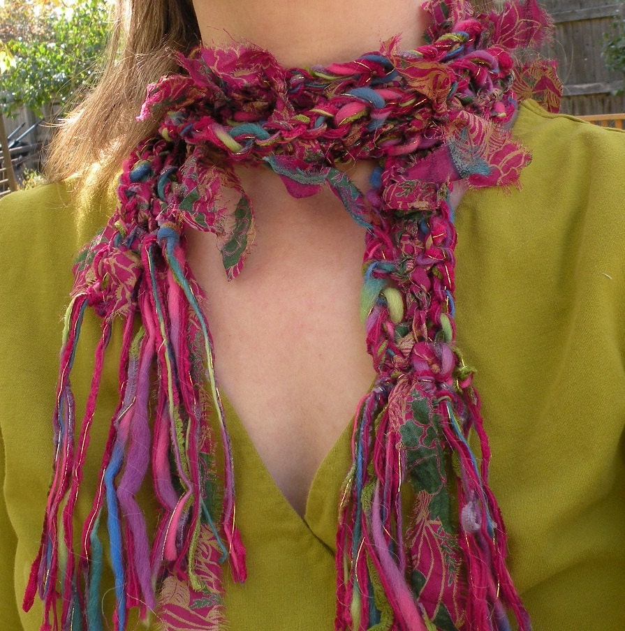 Knit scarf: magenta pink teal green blue silk wool fashion crochet multicolor long women's skinny winter scarflette, wool i839