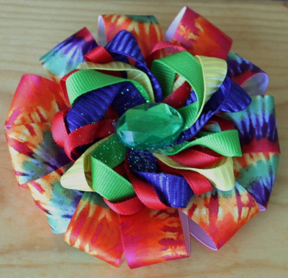 Unique handmade Tye Dye print hair bow clip with sparkly green acrylic oval