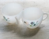 Vintage milk glass cup and plate breakfast set for 2 by Federal Glass Company, Atomic Flower pattern