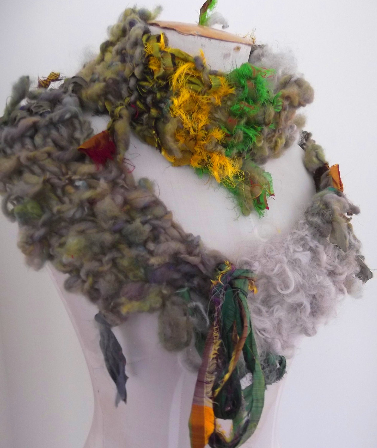 Hand Spun Art Yarn  Recycled Sari Silk  Scarf   Earthy Woodland
