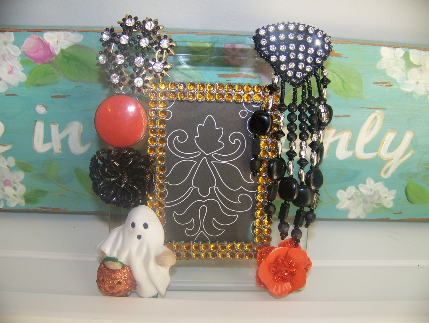 Halloween Ghost Orange & Black Jeweled Glass Picture Frame