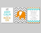 Kids Wall Art - Modern Nursery Trio - Set of Three 8x10 Prints - You Are My Sunshine, Chevron Elephant, Keep Calm and Rock On