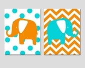 Modern Elephant Duo - Set of Two 11x14 Chevron Zig Zag Polka Dot Prints - Kids Wall Art - Choose Your Colors