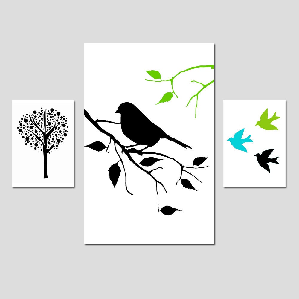 Modern Bird Trio - Set of Three Prints - 11x17 and 5x7 - Birds and Trees - Choose Your Colors - Shown in Apple Green, Aqua, Black White