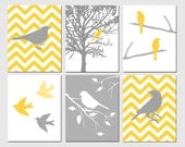 Modern Bird Art - Set of Six 11x14 Prints - Chevron, Birds, Tree, Nature - Choose Your Colors - Shown in Yellow, Gray, and White