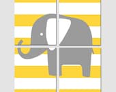 Modern Nursery Quad - Set of Four 8x10 Prints - Striped Elephant - Stripe - Choose Your Colors - Shown in Yellow, Gray, and More
