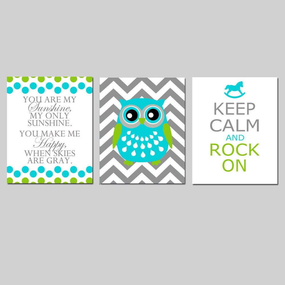 Modern Nursery Trio - Set of Three 8x10 Prints - You Are My Sunshine, Chevron Elephant or Owl, Keep Calm and Rock On - Choose Your Colors