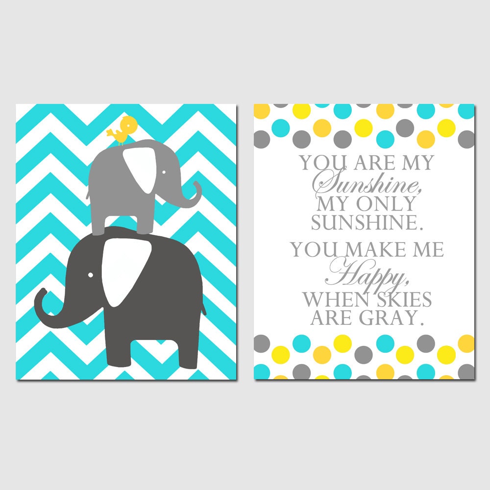 Wall Art for Nursery - Set of Two 8x10 Prints - You Are My Sunshine Polka Dot and Chevron Elephants and Bird - Choose Your Colors